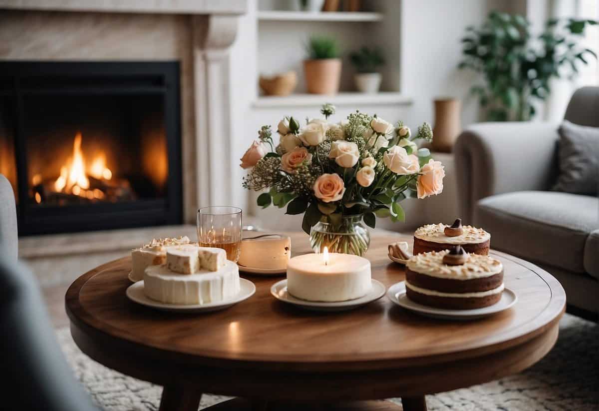A cozy living room with a fireplace, two armchairs, and a small table set with a vase of flowers and a plate of anniversary cake