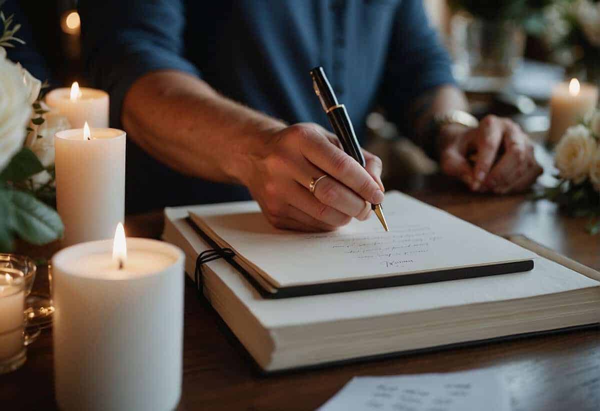 Writing in a notebook by candlelight