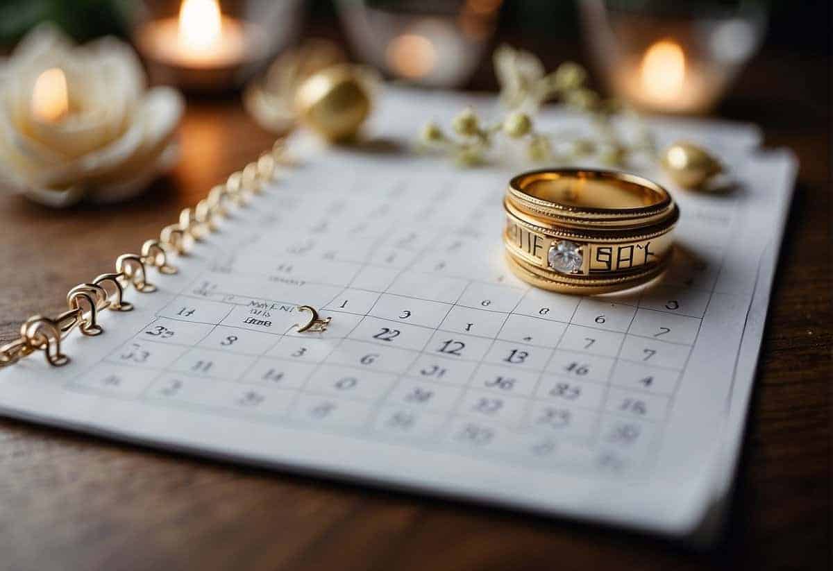 Calendar with gold wedding rings and candles
