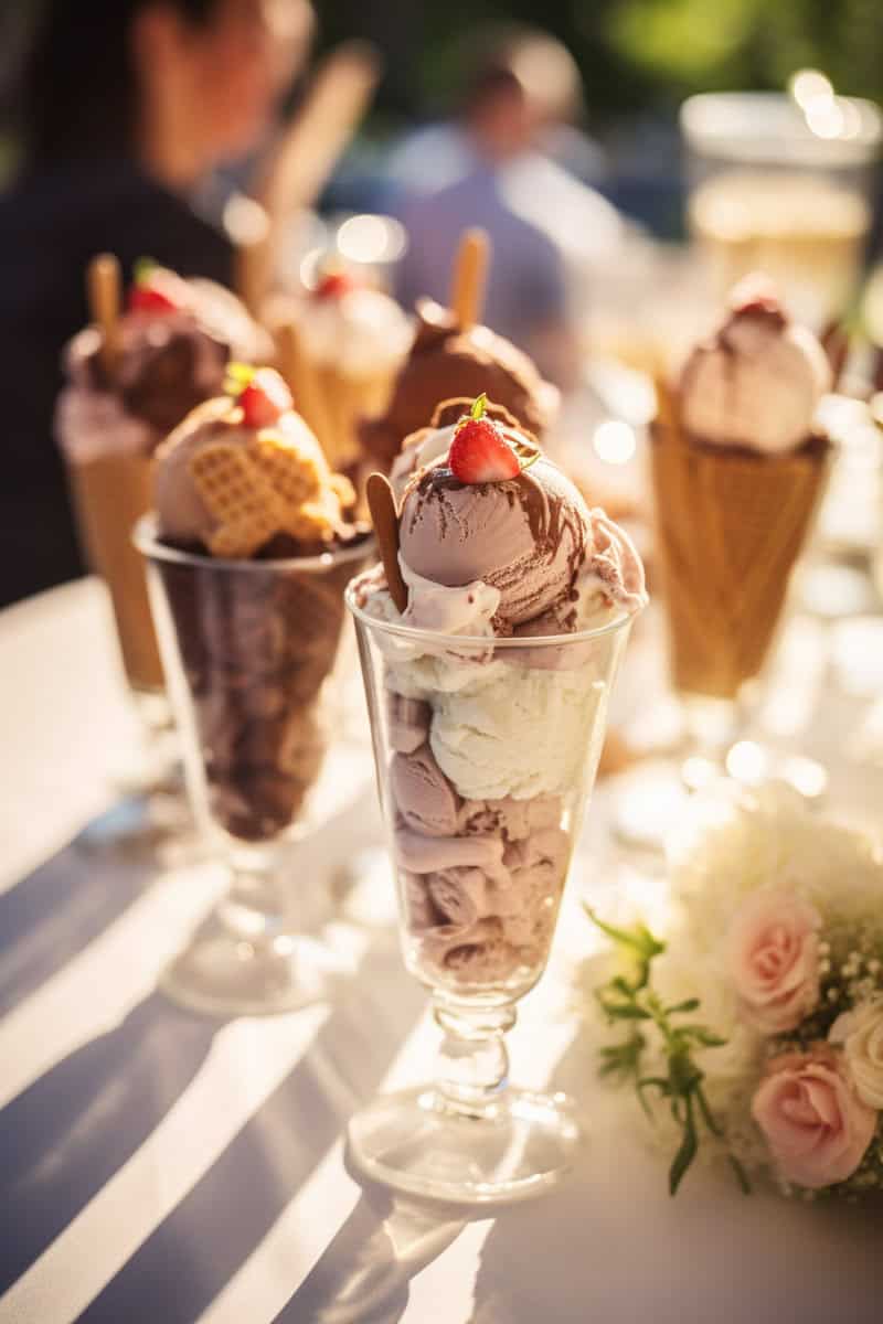 A close-up of various ice cream sundaes and cones topped with strawberries and wafers, displayed on a table in sunlight.