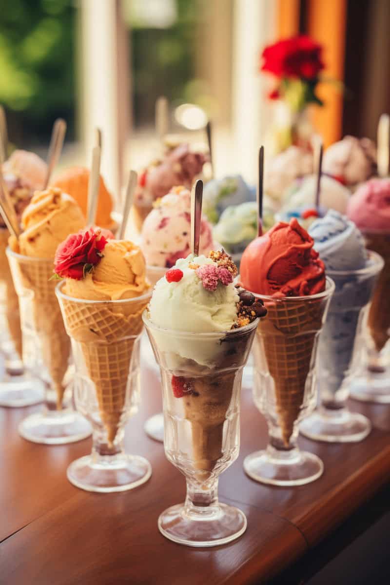 Array of colorful ice cream cones, each in a glass holder alongside various toppings such as fruit and flowers, placed on a wooden table.
