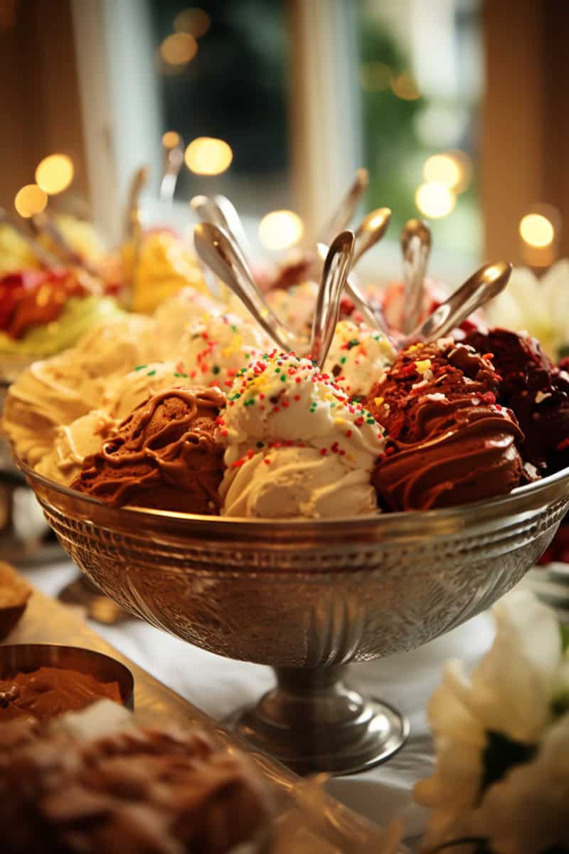 A decorative bowl filled with various flavors of ice cream, each scoop topped with sprinkles and equipped with metallic spoons, sits on a table against a softly lit background.