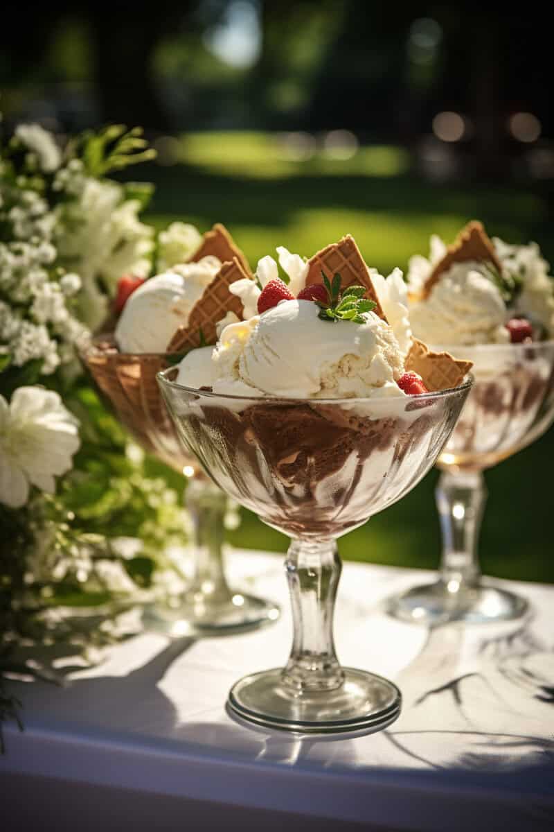 Two glass dessert cups filled with scoops of ice cream, garnished with waffle pieces, raspberries, and mint leaves, are placed on a table outdoors with flowers in the background.