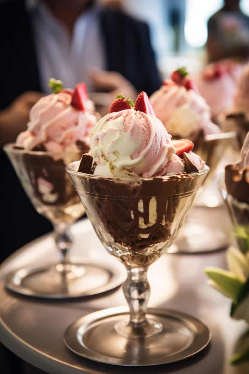 Close-up of dessert glasses with scoops of pink and white ice cream, chocolate chunks, and sliced strawberries, placed on a silver tray.