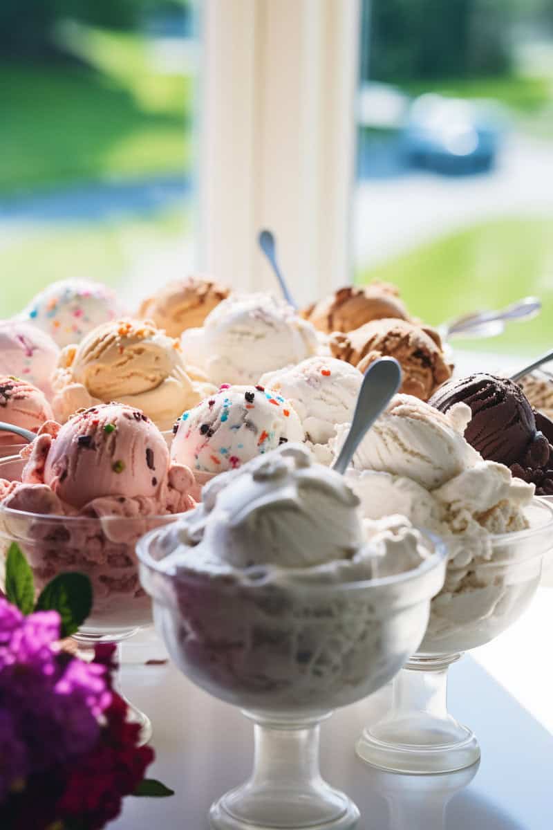 Various flavors of ice cream with sprinkles and spoons in clear glass bowls are displayed by a window with greenery outside.