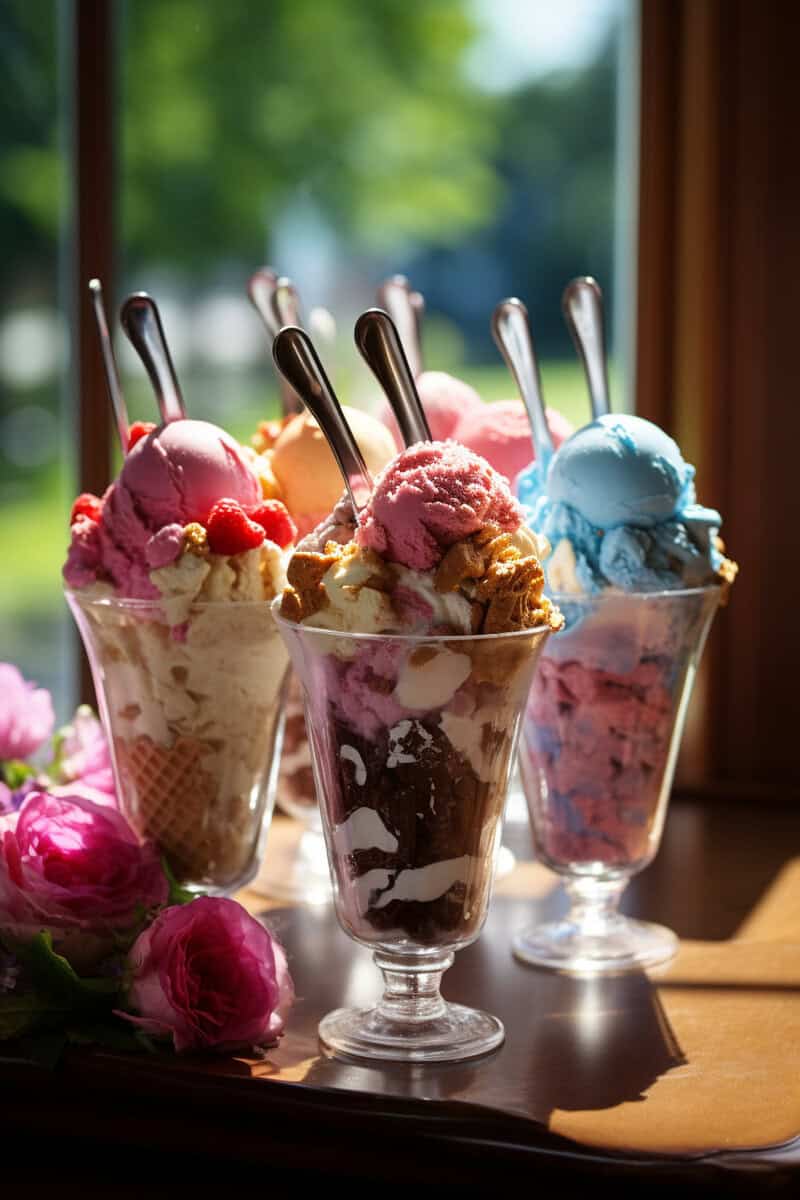 Four glass cups filled with different flavors of ice cream, topped with various toppings, each with a spoon. The background shows a sunny day outside the window. Pink roses are placed beside the cups.