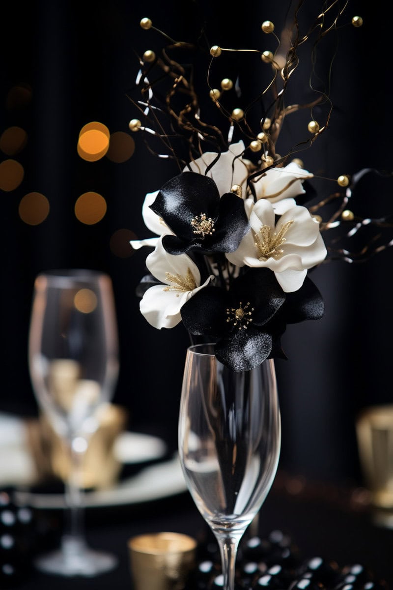 A clear glass holds an arrangement of black and white flowers with gold accents. Another glass and a blurred background with warm lighting are visible.