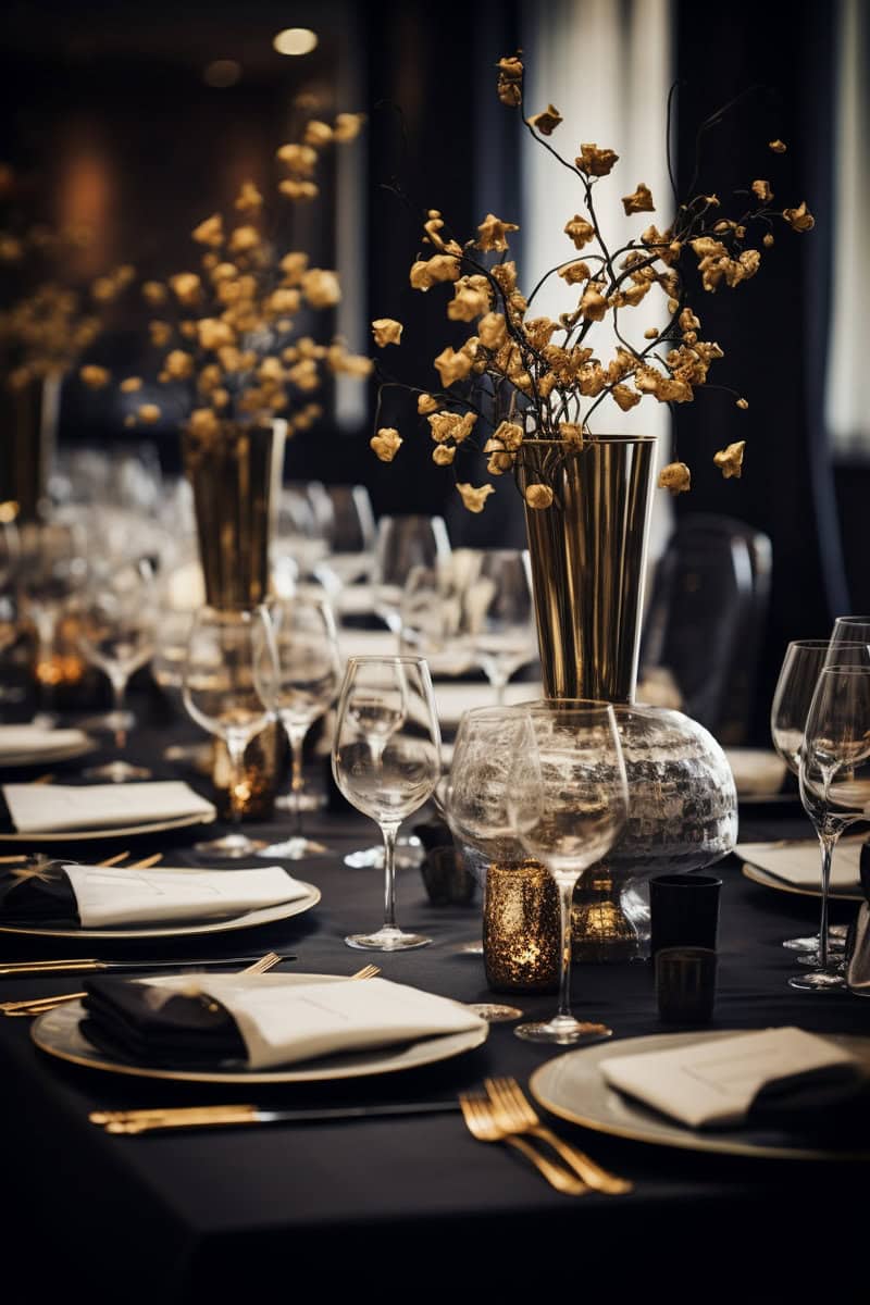 A formal dining table set with elegant dishware, gold utensils, and floral centerpieces in gold vases. The table is arranged with wine glasses and neatly folded napkins.