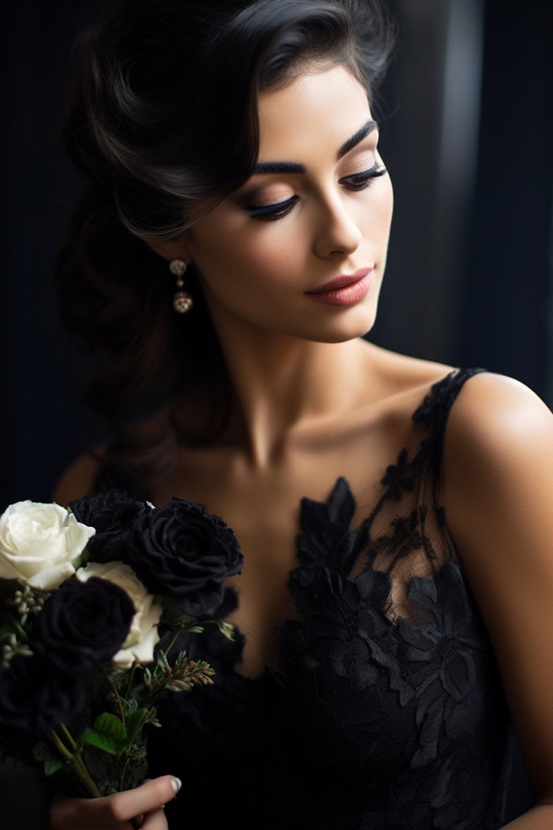 A woman dressed in an elegant black lace dress holds a bouquet of white and black roses, looking down thoughtfully.