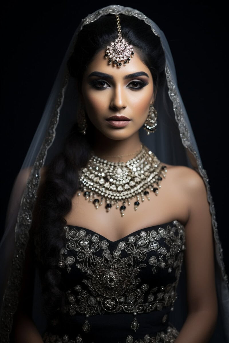 A woman in traditional bridal attire, featuring ornate jewelry and an embroidered dress, poses against a dark background. She wears a veil adorned with intricate patterns.