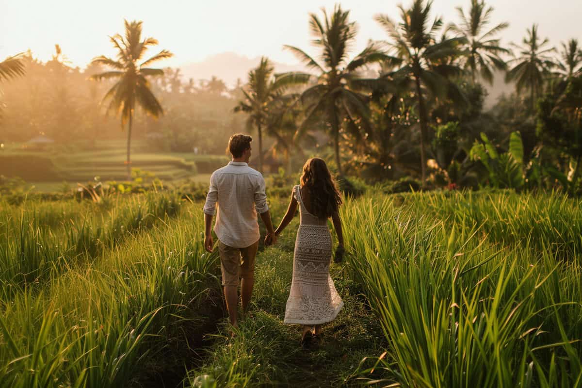 A couple holding hands and walking through a lush green rice field at sunset, with palm trees in the background.