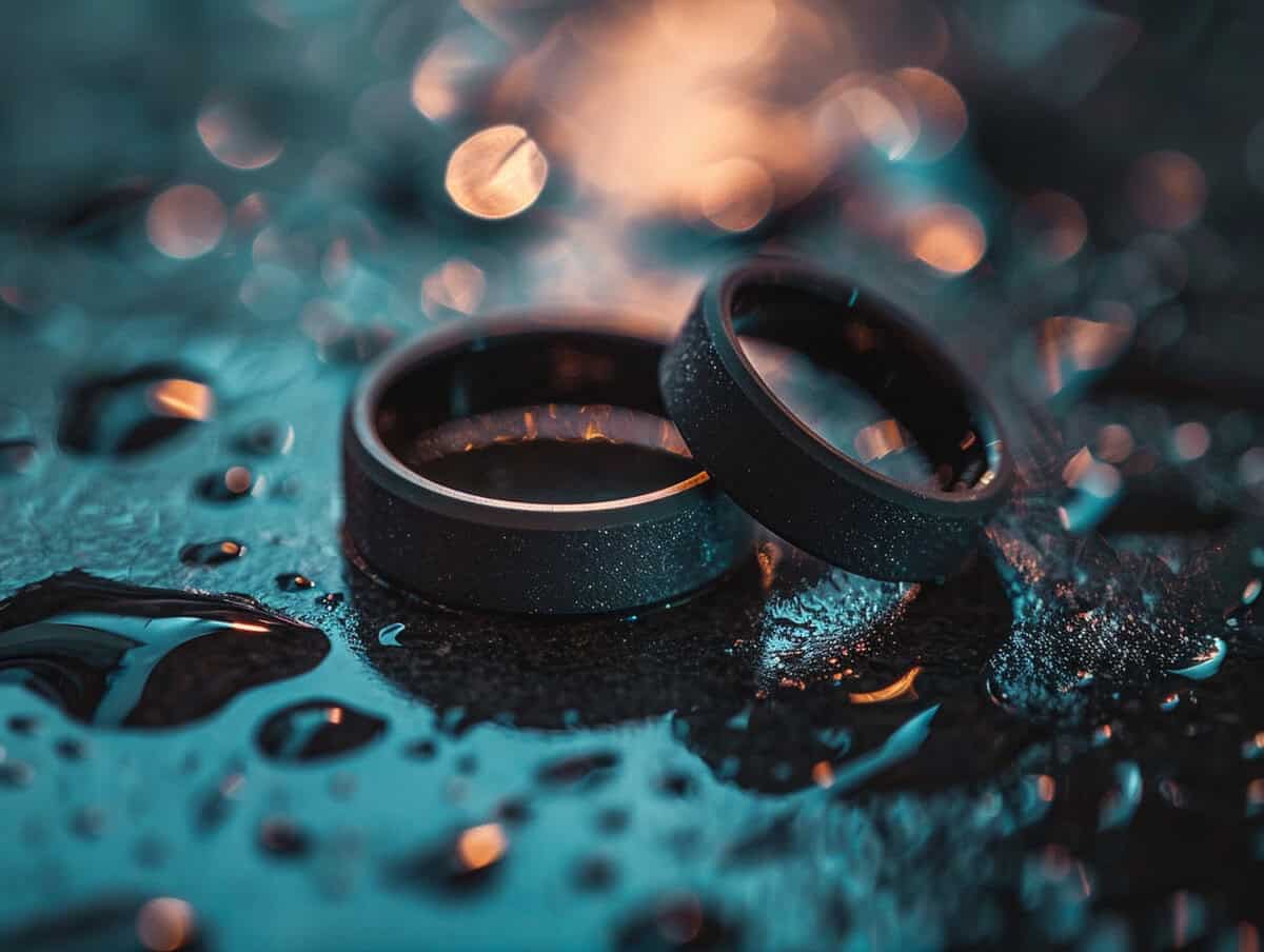 Two wedding rings, one silver and one black, resting on a wet surface with water droplets and soft background lighting.