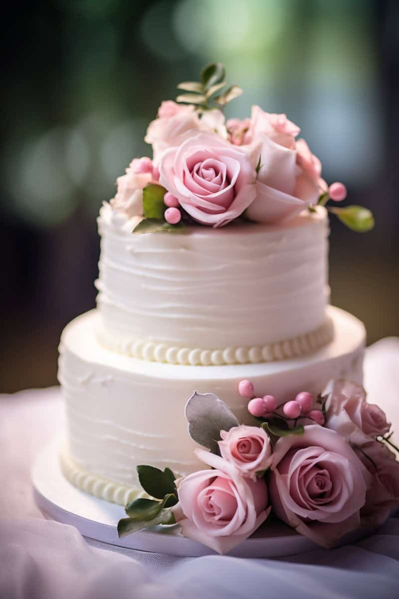 A two-tier white cake adorned with pink roses, small pink berries, and green leaves. The cake sits on a white surface with a blurred, green-toned background.