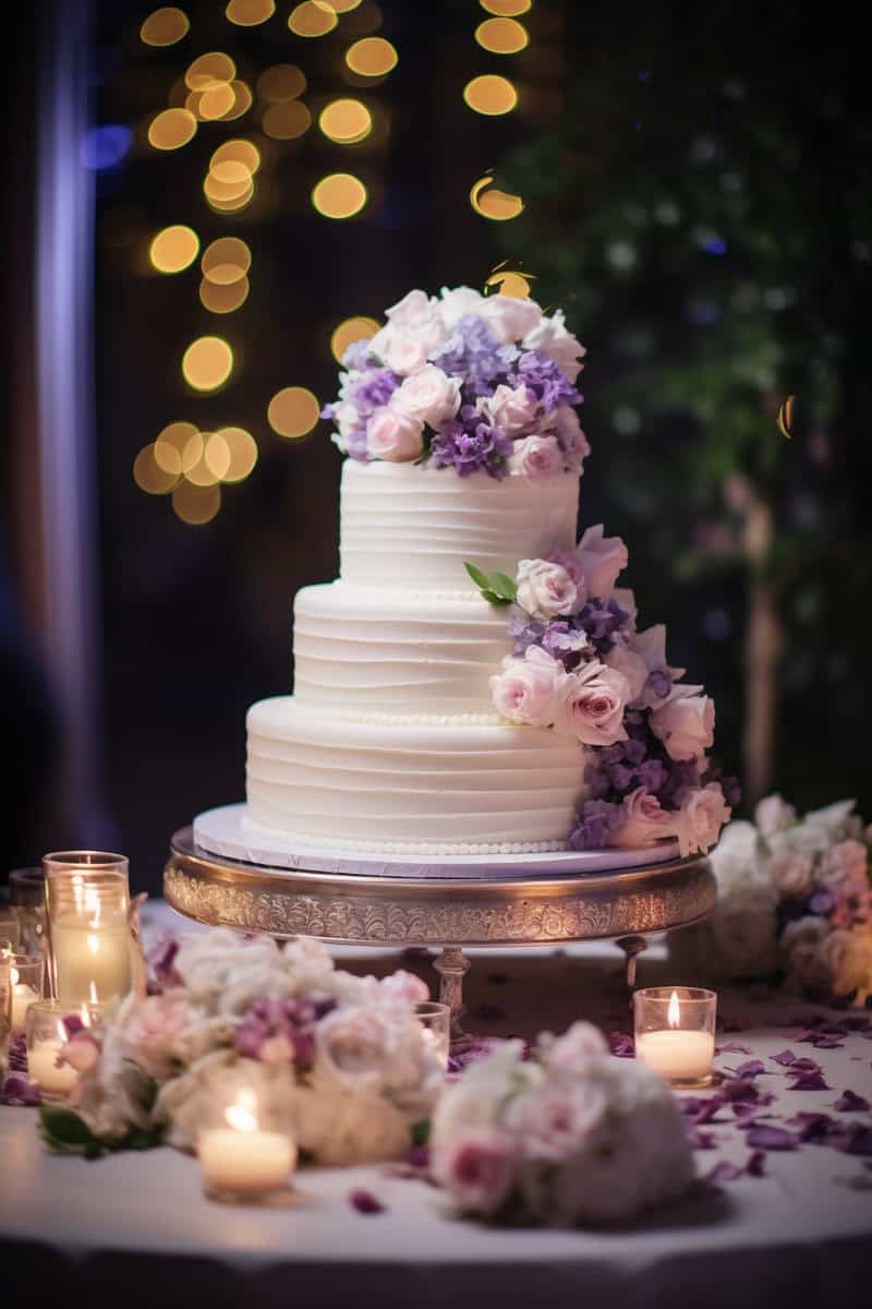 A three-tier white wedding cake decorated with pink and purple flowers, sitting on a stand, surrounded by lit candles and floral arrangements.