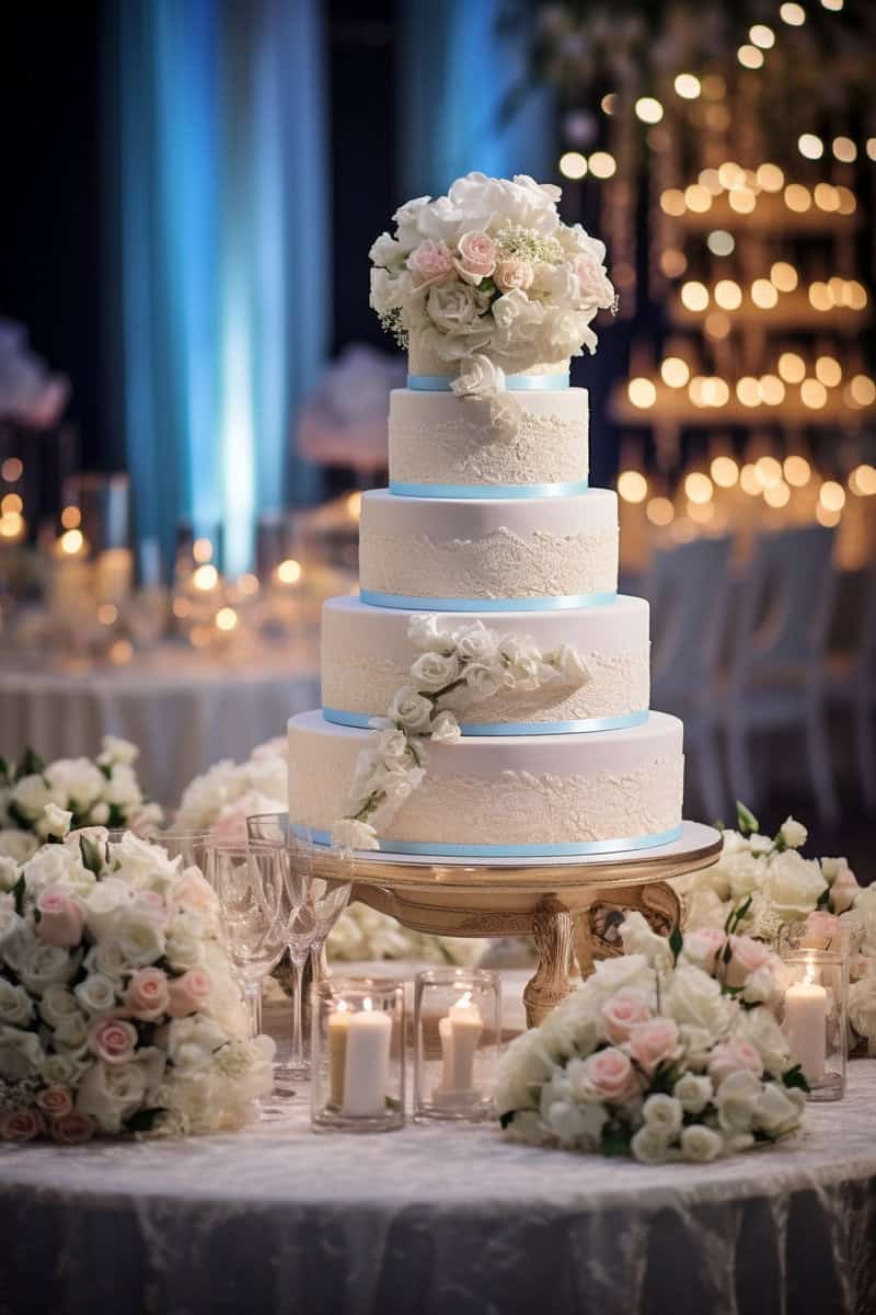 A multi-tiered white wedding cake adorned with roses sits on a decorated table with candles and flower arrangements in a softly lit reception venue.