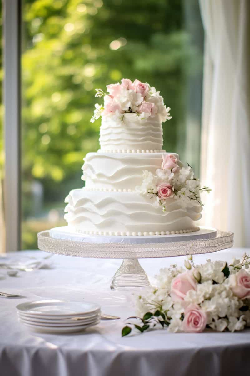 Three-tiered white wedding cake with pink and white floral decorations on a cake stand, surrounded by a bouquet, plates, and cutlery on a white-draped table near a window.