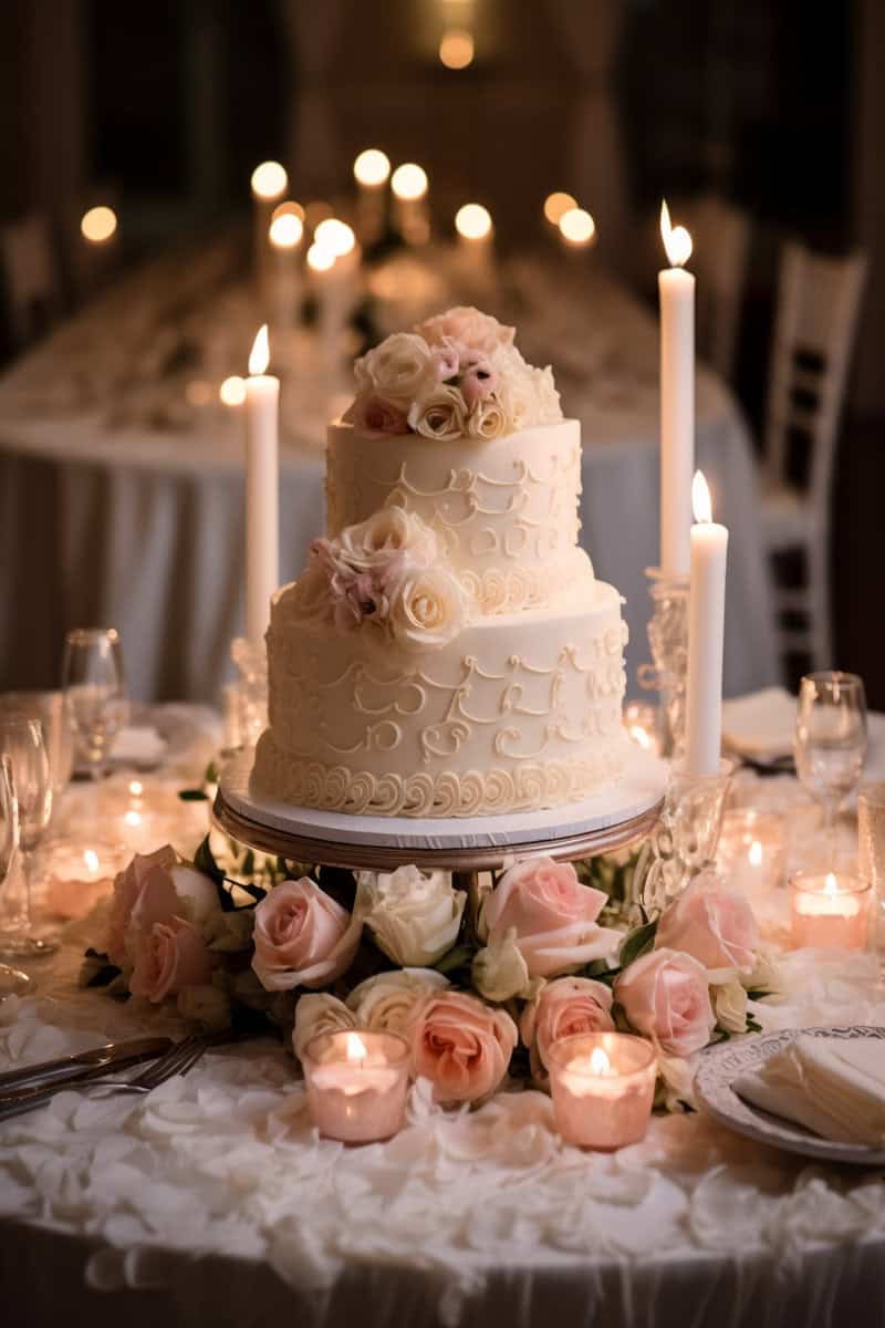 A two-tiered white wedding cake with intricate icing designs, surrounded by pink and white roses, and lit candles placed on a decorated table.