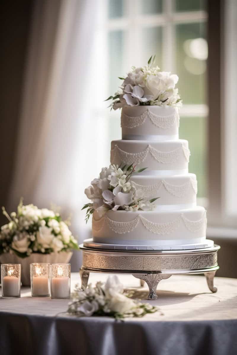 A three-tier white wedding cake adorned with white flowers and lace patterns stands on a silver pedestal, next to a bouquet and lit candles on a table by the window.