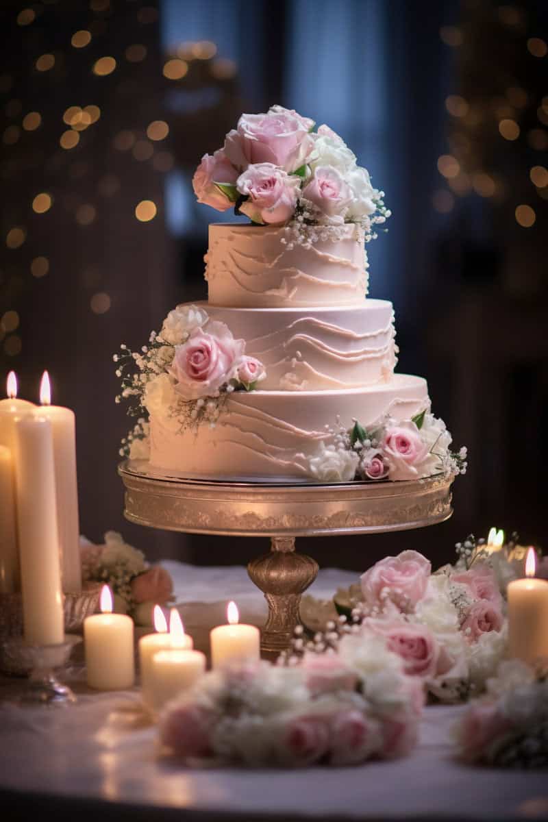 Three-tier white wedding cake with pink and white roses, surrounded by lit candles on a table with additional floral decor.