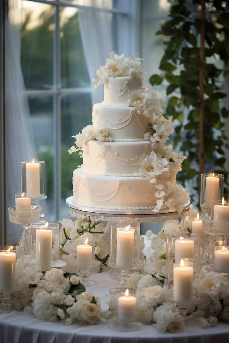 A three-tiered white wedding cake adorned with white flowers and surrounded by lit candles and white roses on a table.