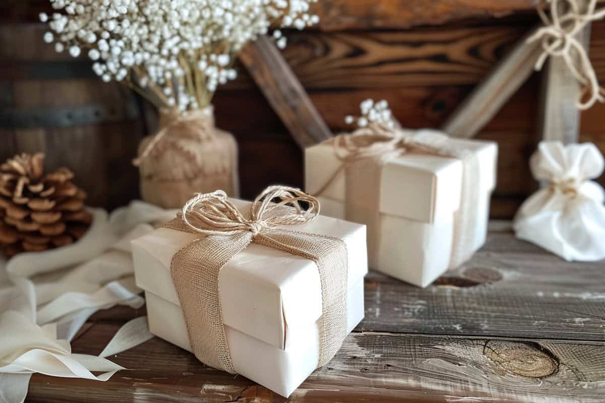Elegant gift boxes with rustic bows on a wooden table, accompanied by pine cones and floral decorations in the background.