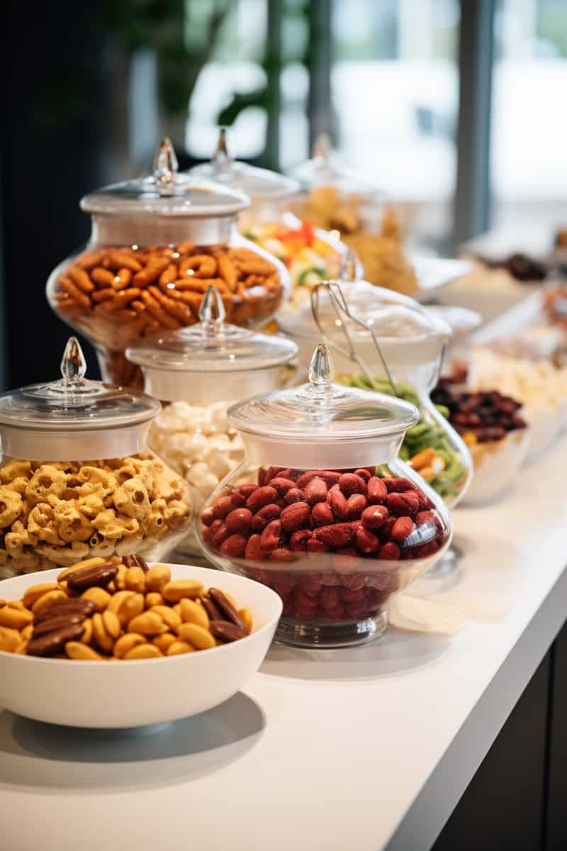A variety of snacks including nuts, dried fruits, and pretzels are displayed in glass jars and white bowls on a counter.