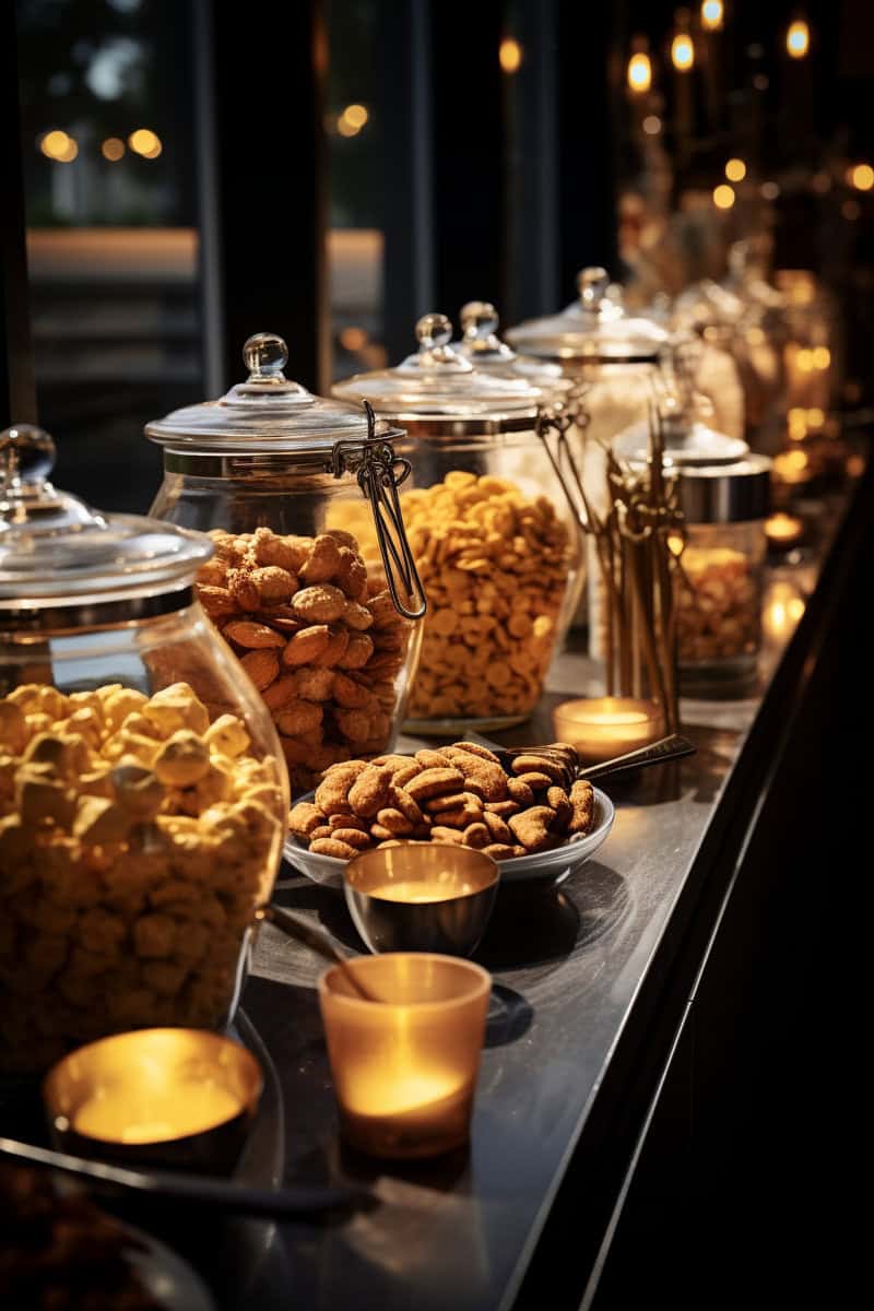 Glass jars filled with various snacks and nuts are displayed on a table, alongside lit candles in a warmly lit setting.