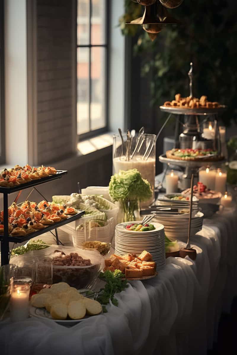 A buffet table with a variety of foods including appetizers, salads, and desserts, arranged on tiered trays and plates. The setup is decorated with flowers and candles, and situated in front of large windows.
