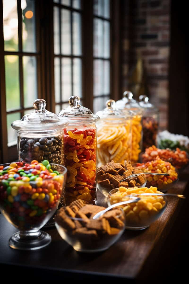 Glass containers filled with assorted candies and snacks on a wooden table near a window.