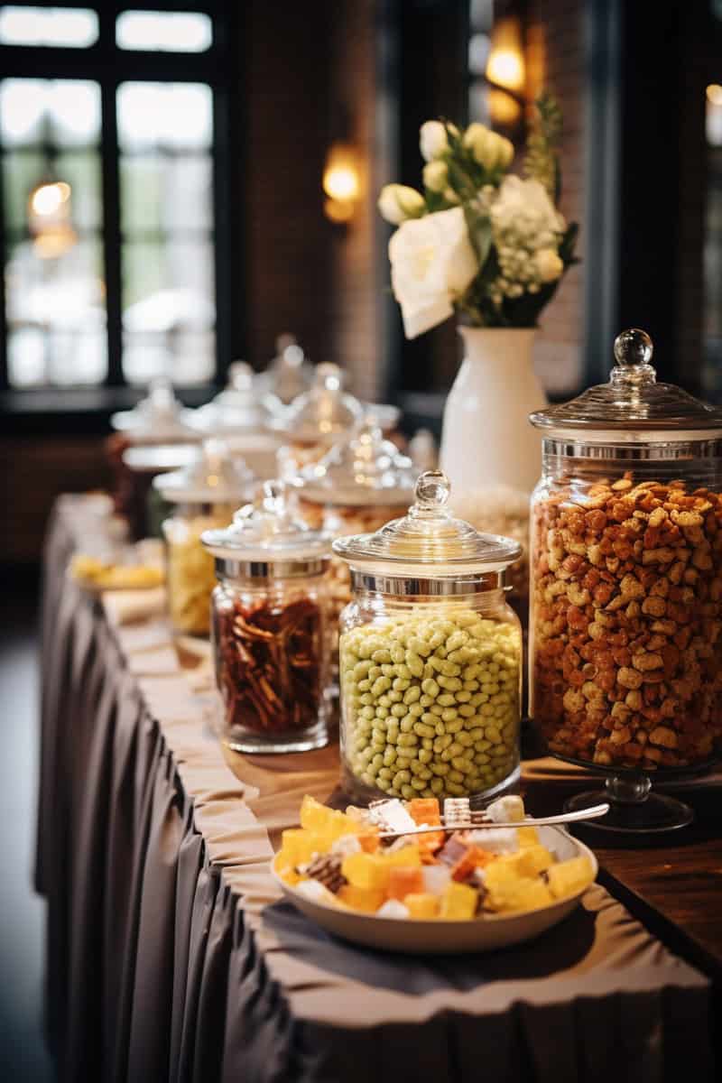 A buffet table with jars of snacks such as colorful cereal and pretzels, a plate of cheese and fruit cubes in the foreground, and a vase with white flowers in the background.