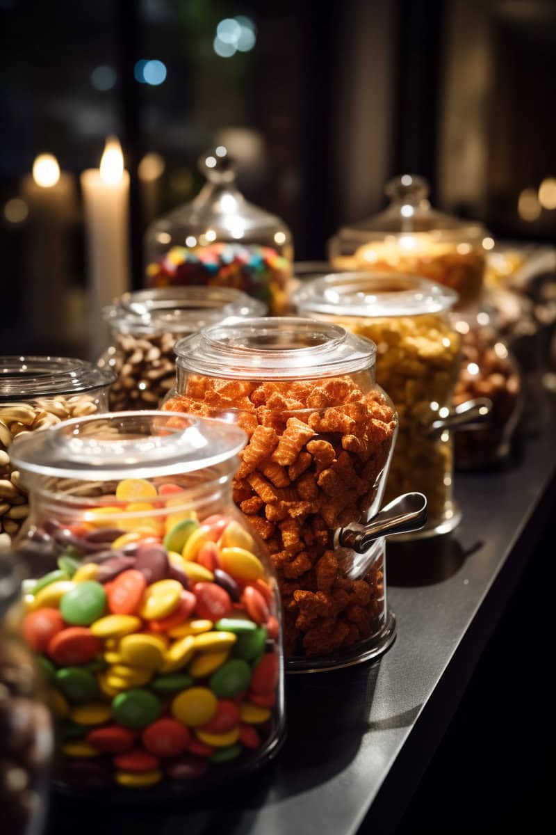 A row of glass jars filled with different types of snacks, including colorful candies, nuts, and crackers, on a dark countertop with soft lighting in the background.