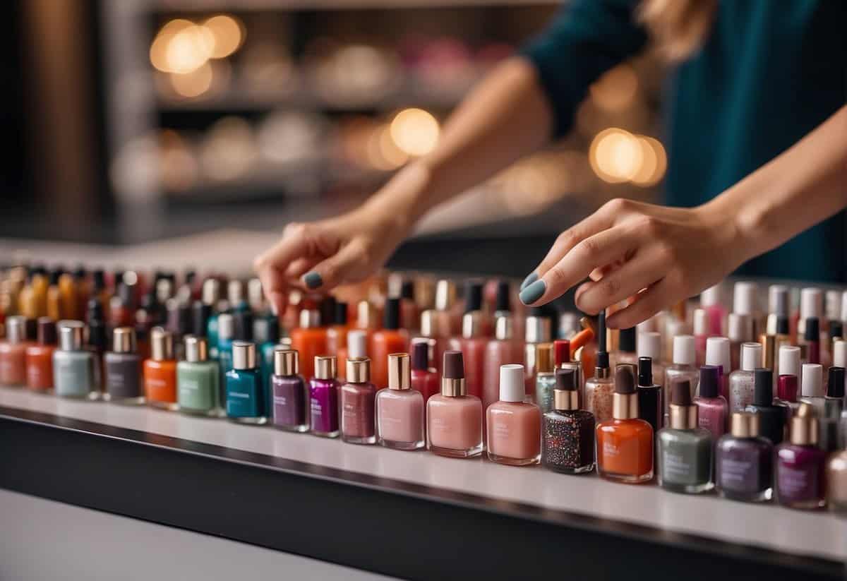 A table with various nail polish colors and designs, a hand holding a nail file, and a display of elegant nail art samples