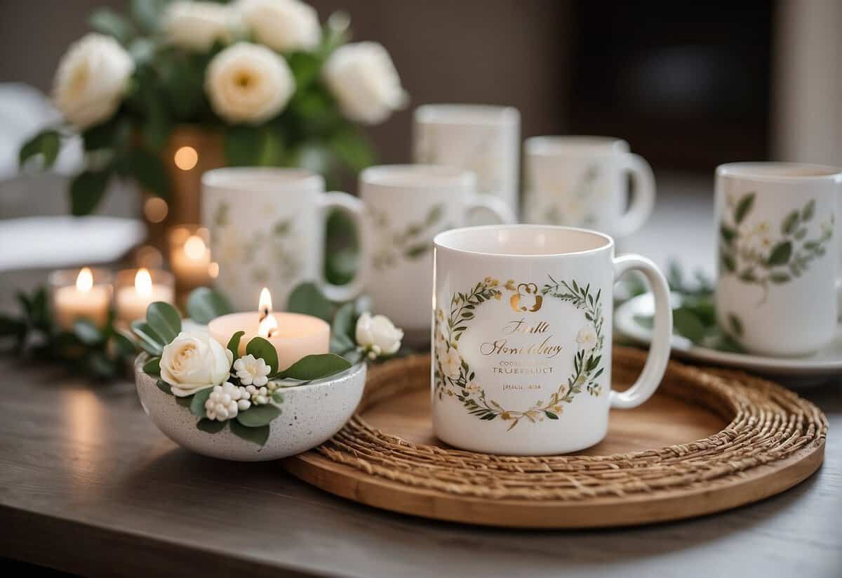 A table adorned with DIY wedding gifts made with a Cricut machine. Decorative items, personalized mugs, and custom signs are displayed