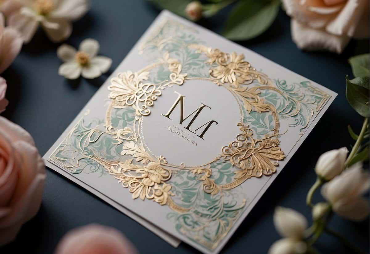 A beautiful monogram displayed on a wedding invitation, surrounded by elegant floral designs and intricate patterns