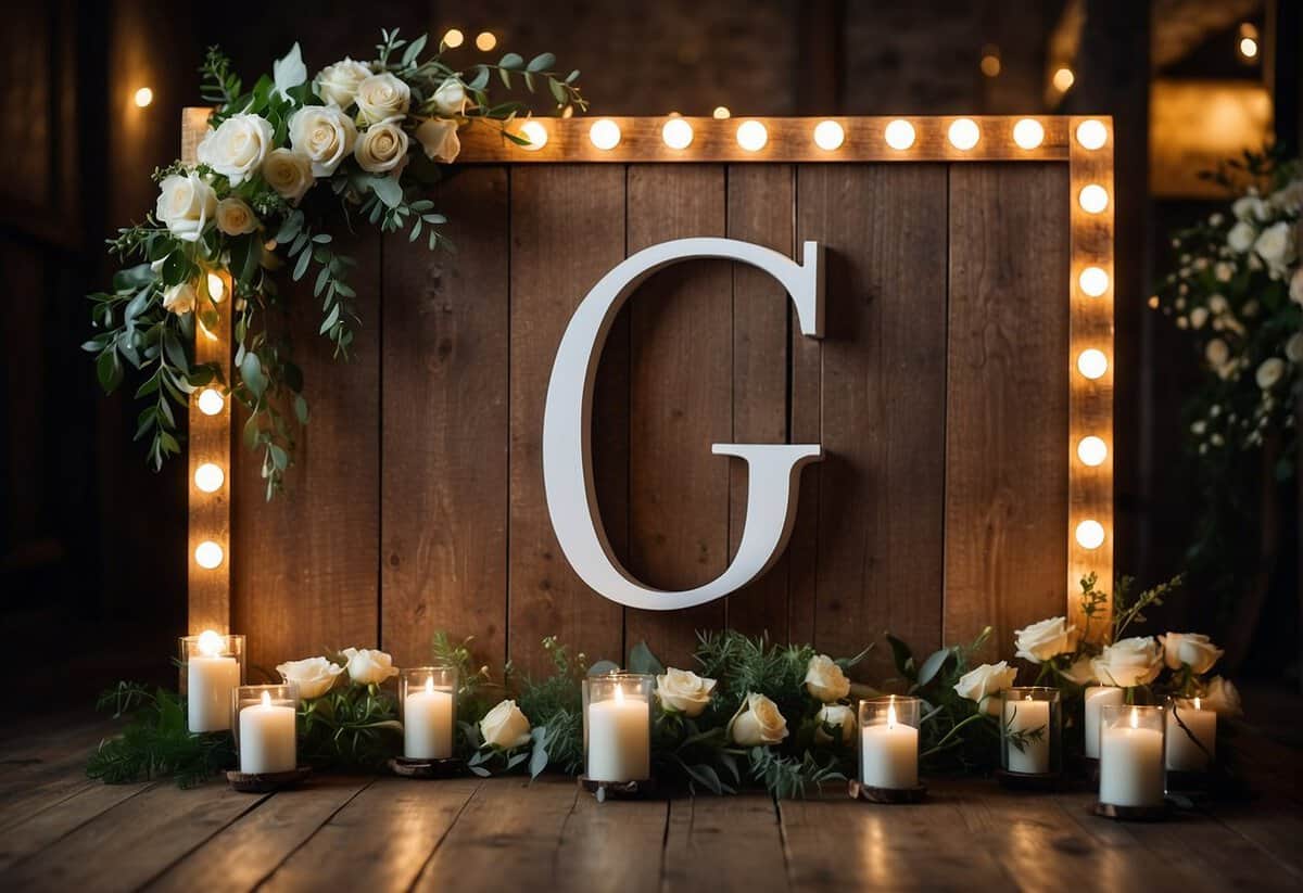 A custom wedding monogram displayed on a rustic wooden sign, surrounded by elegant floral arrangements and twinkling string lights