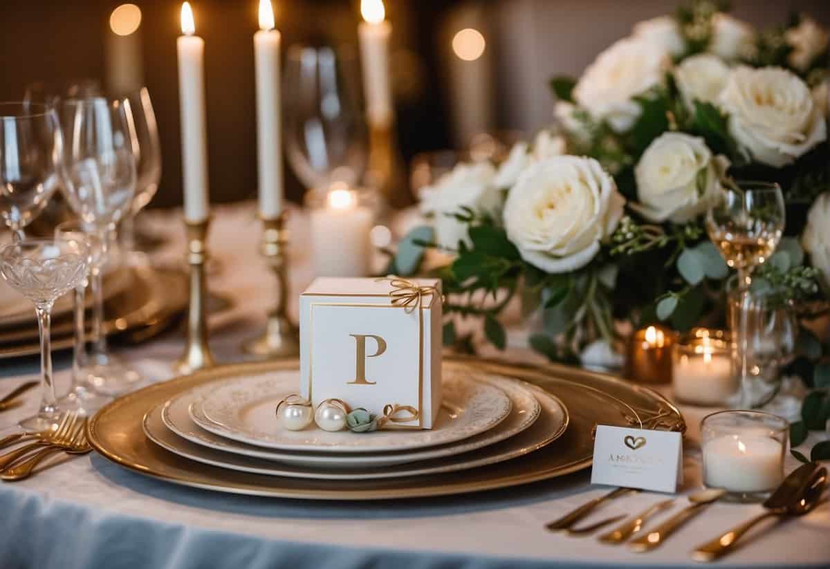 A table adorned with monogrammed wedding favors and gifts, showcasing various wedding monogram ideas