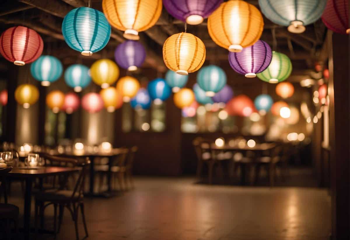Colorful paper lanterns hang from the ceiling, casting a warm glow over the room. Tables are adorned with simple yet elegant centerpieces, and a DIY photo booth is set up in the corner for guests to enjoy