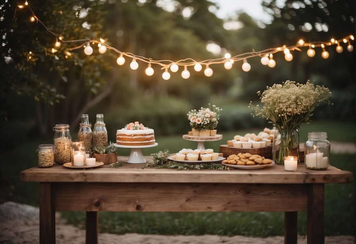 A cozy outdoor garden with string lights, rustic wooden tables, and wildflower centerpieces. A DIY photo booth and a dessert table with homemade treats