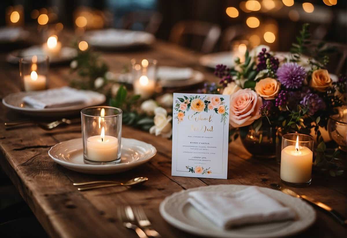 Colorful invitations scattered on a rustic table, surrounded by fairy lights and floral centerpieces. A cozy, intimate setting for a budget-friendly wedding reception
