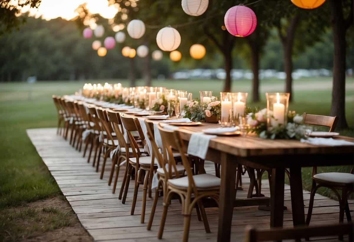 A simple outdoor setting with string lights, paper lanterns, and DIY floral centerpieces on wooden tables. A rustic, budget-friendly vibe with mismatched vintage chairs and burlap table runners