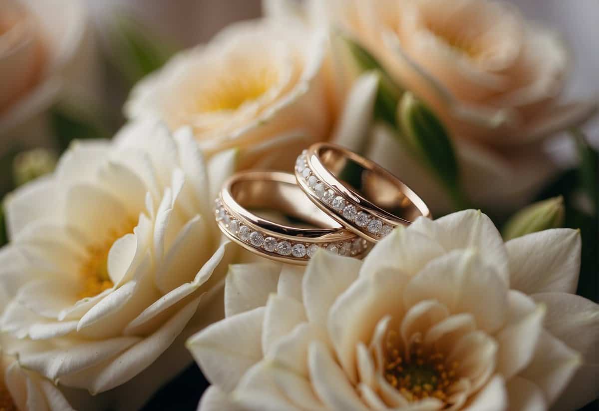 Two wedding rings resting on a bed of fresh flowers with soft natural lighting