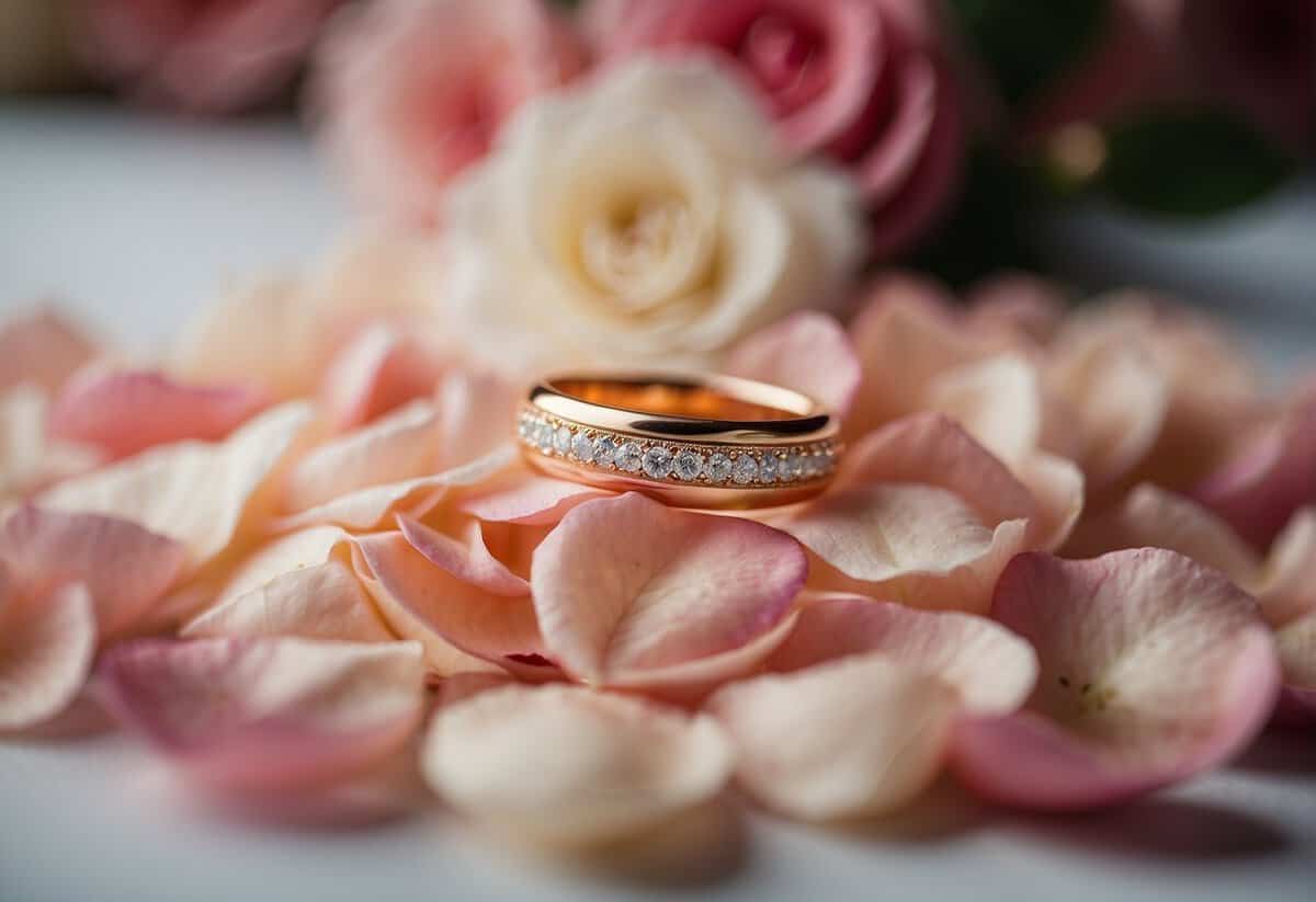 A wedding ring placed on a bed of rose petals with soft lighting and a blurred background