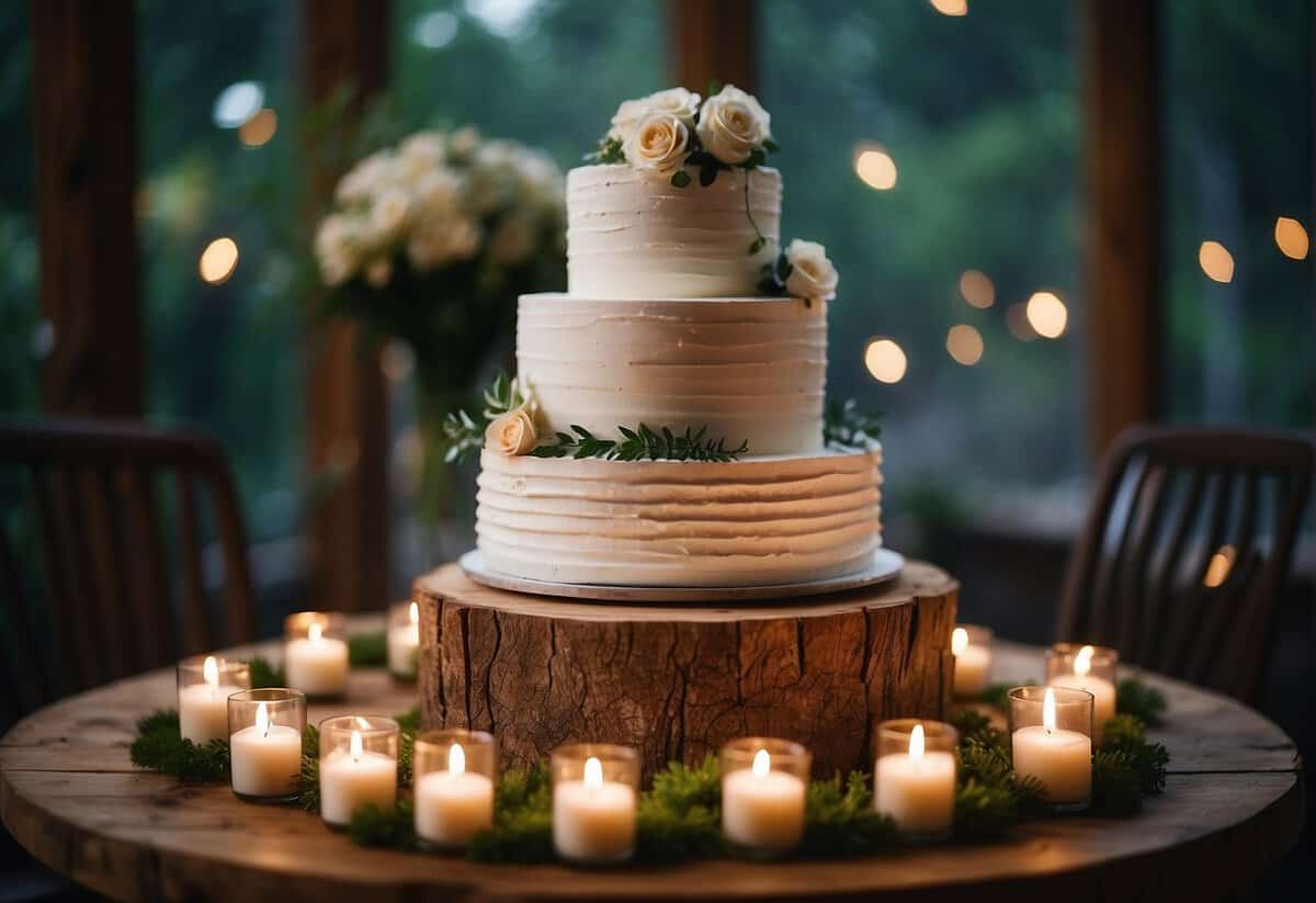 A tiered wedding cake sits on a rustic wooden stand adorned with fresh flowers and greenery, surrounded by glowing tea light candles