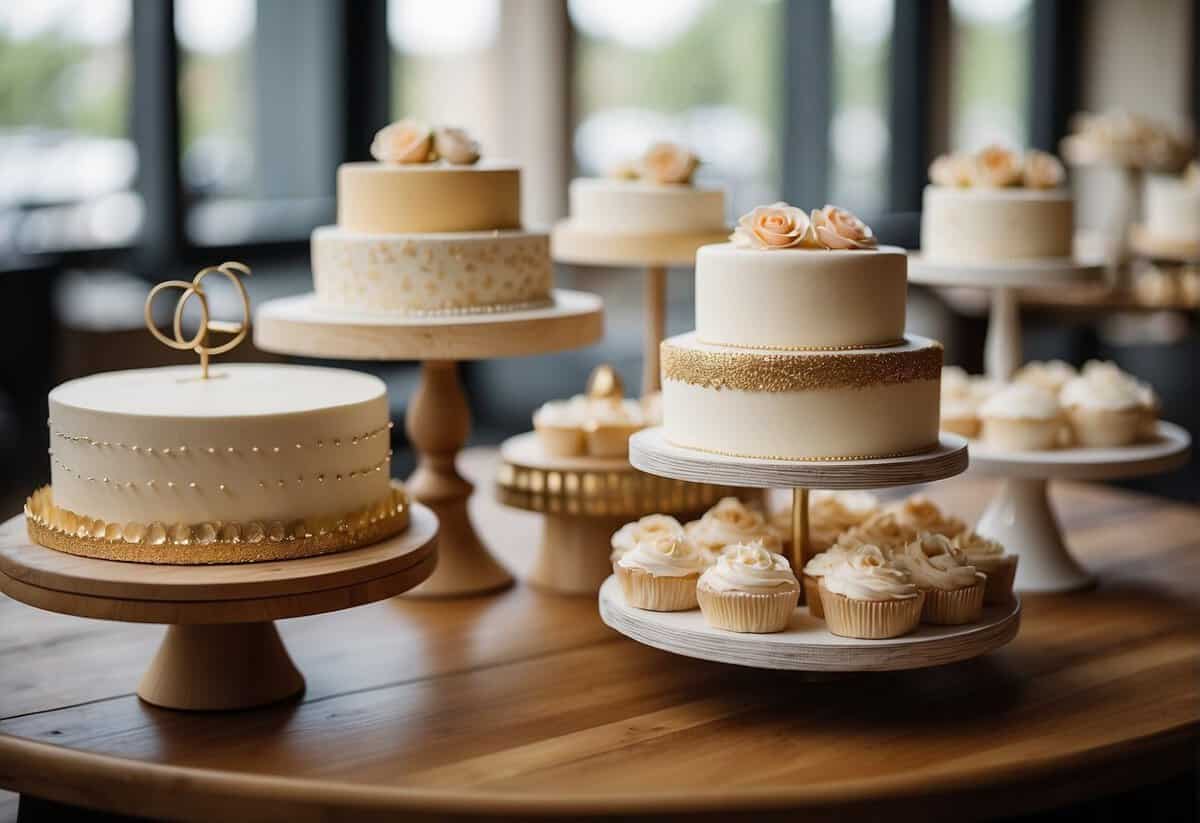 A variety of wedding cake stands are displayed on a table, including traditional tiered designs, modern geometric shapes, and rustic wooden options
