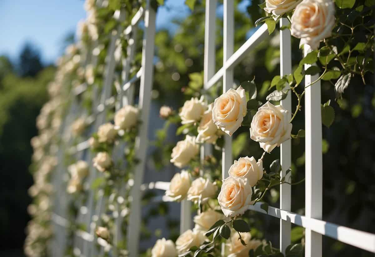 A white trellis adorned with roses and twinkling lights, set against a backdrop of lush greenery and a clear blue sky
