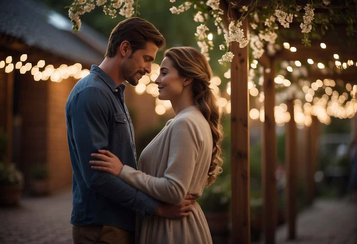 A couple stands beneath a rustic wooden trellis adorned with delicate white flowers, as the soft glow of string lights illuminates the romantic outdoor setting