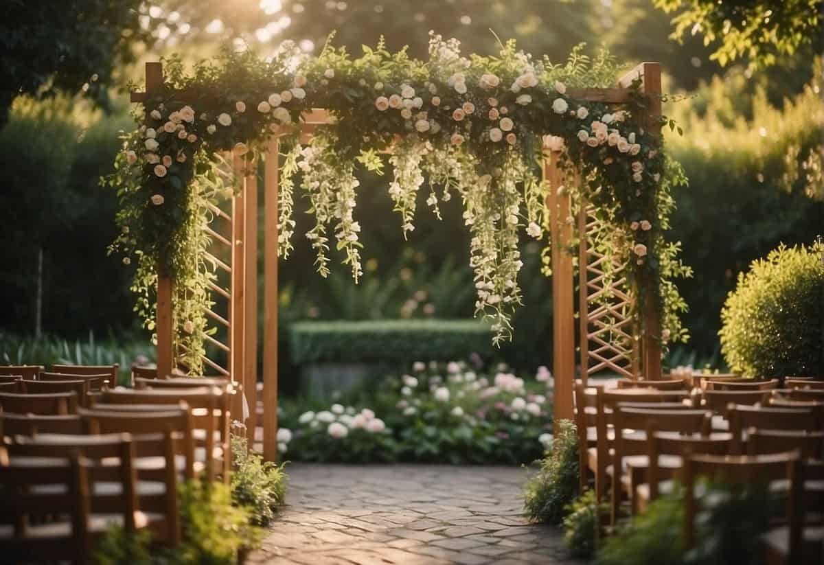 A wooden trellis stands tall in a lush garden, adorned with delicate flowers and vines, creating a romantic and elegant backdrop for a wedding ceremony