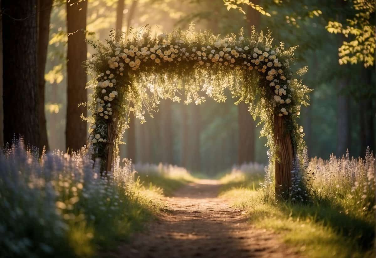 A wooden arch adorned with wildflowers and draped with flowing fabric stands in a sun-dappled clearing, surrounded by tall trees and flickering candlelight
