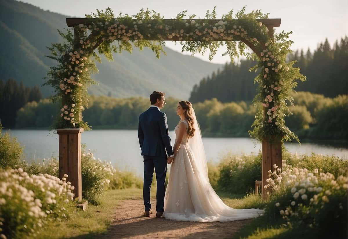 A couple stands under a rustic wedding arch in a picturesque outdoor setting, surrounded by lush greenery and blooming flowers