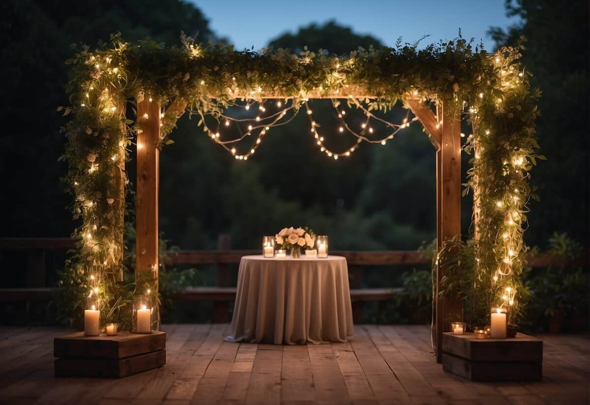 A wooden wedding arch adorned with twinkling fairy lights and draped with flowing fabric, set against a backdrop of lush greenery and soft candlelight